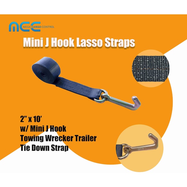 2 X 10' Lasso Strap W/ Mini J Hook For Towing Wrecker Trailer Tie Down Black, 6PK